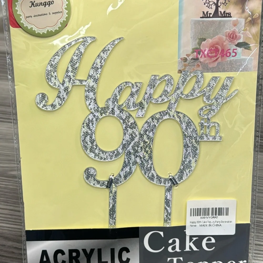 Happy 90th acrylic cake topper silver party decoration new